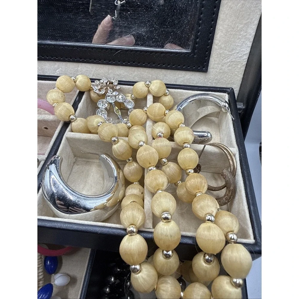 Vintage Jewelry Box Lot: Box, Necklaces, Bracelets, Rings, Earrings